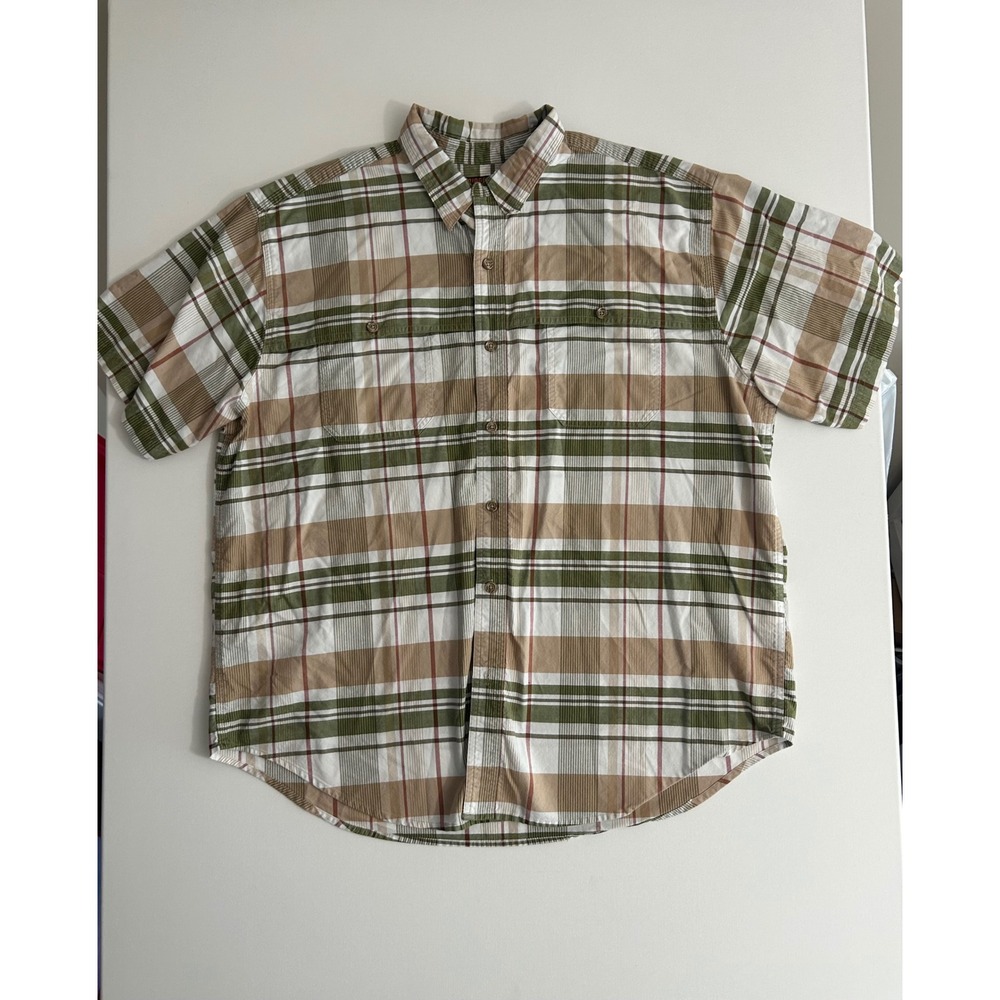 Ridgecut Toughwear Mens 2XL Plaid Short Sleeve Button Down Work Shirt Green Tan